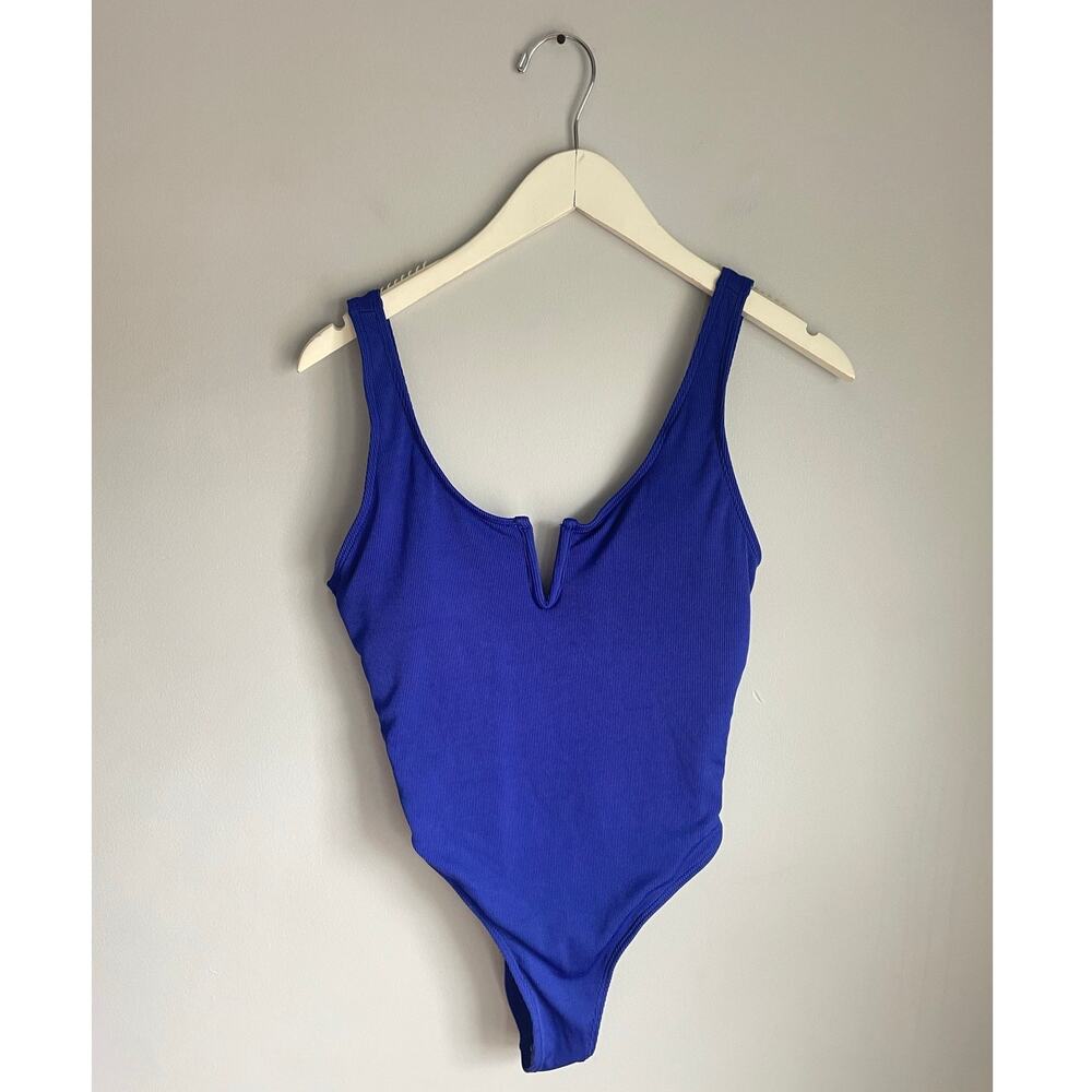 Blue Ribbed Low Back One Piece Swim Suit Bathing Suit EUC Thong Minimalist Med